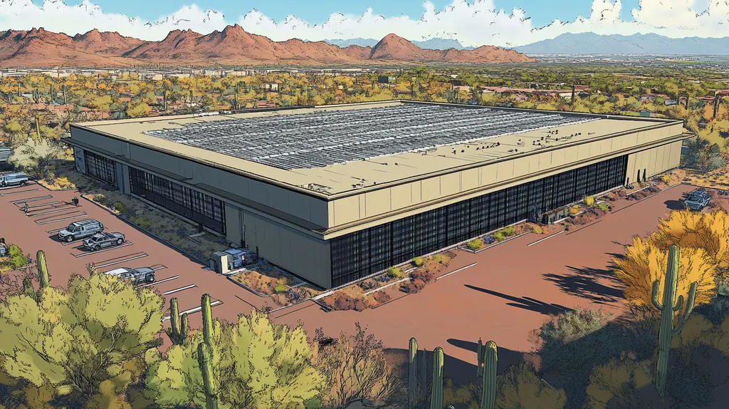 A commercial roof on a data center in a location similar to Phoenix with a comic book style aesthetic (AI image)