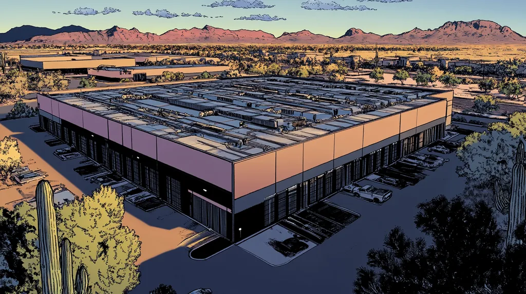 A commercial roof on a data center in a location similar to Phoenix with a comic book style aesthetic (AI image)