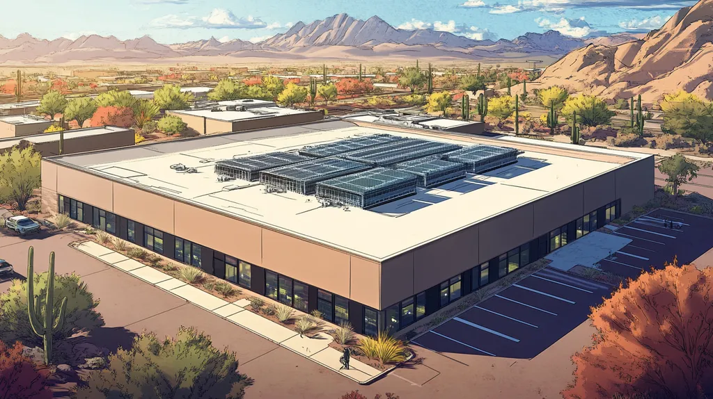 A commercial roof on a data center in a location similar to Phoenix with a comic book style aesthetic (AI image)