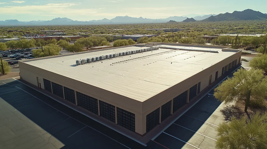 A commercial roof on a data center in a location similar to Phoenix with a rainy day aesthetic (AI image)