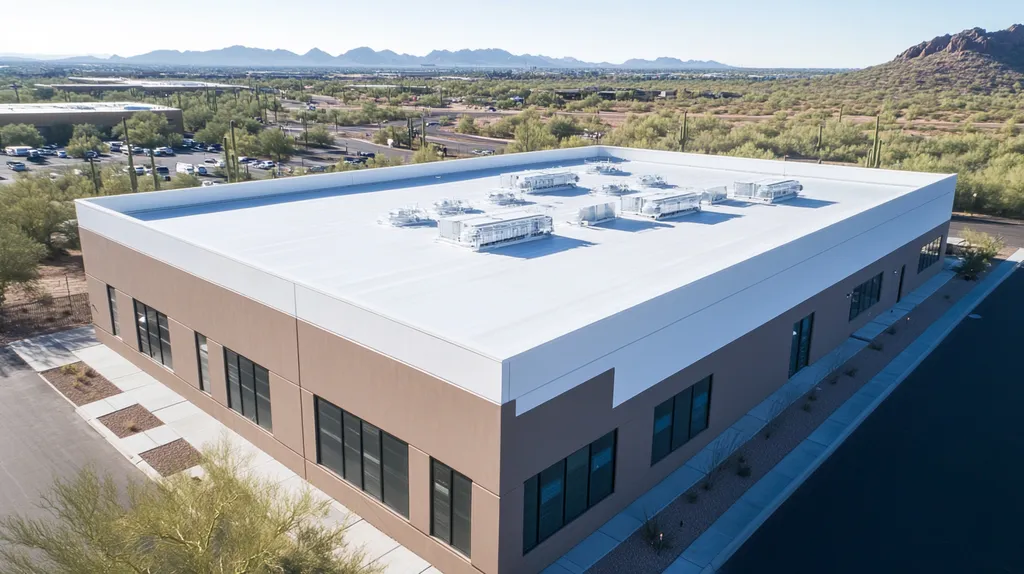 A commercial roof on a data center in a location similar to Phoenix with an urban context aesthetic (AI image)