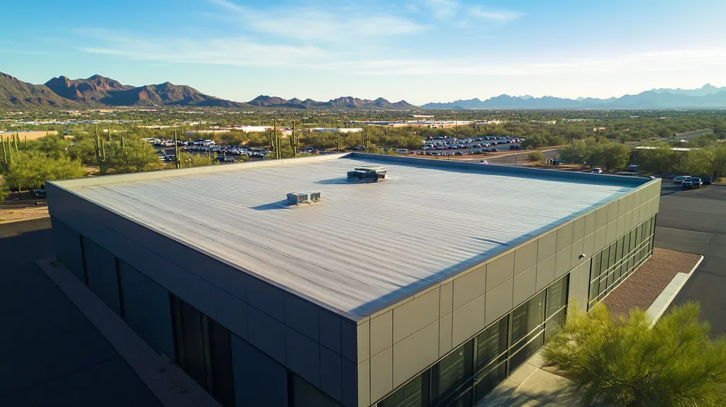 A commercial roof on a data center in a location similar to Phoenix with an urban context aesthetic (AI image)