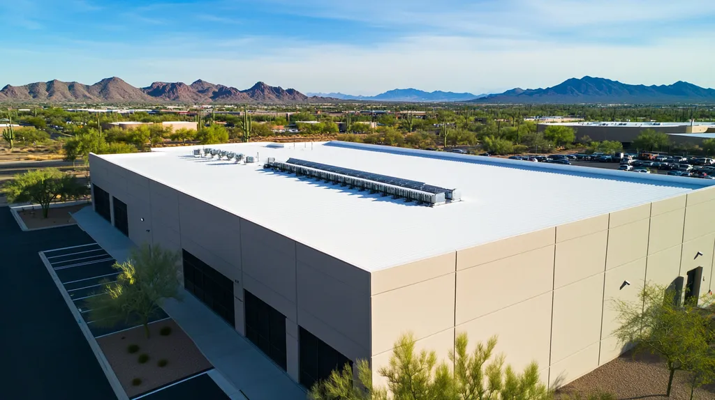 A commercial roof on a data center in a location similar to Phoenix with an urban context aesthetic (AI image)