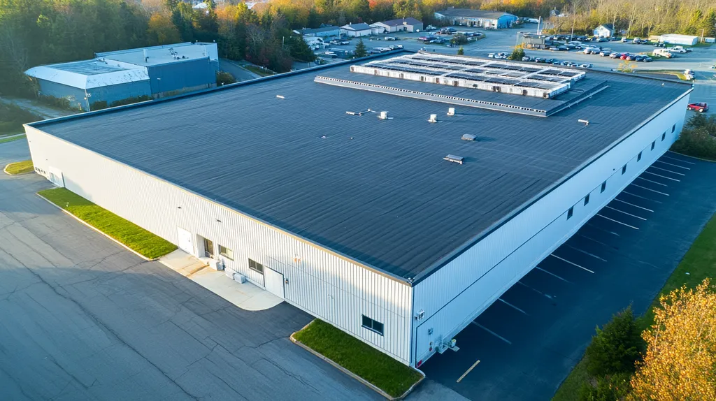 A commercial roof on a data center in a location similar to Portland, Maine with a color highlight aesthetic (AI image)