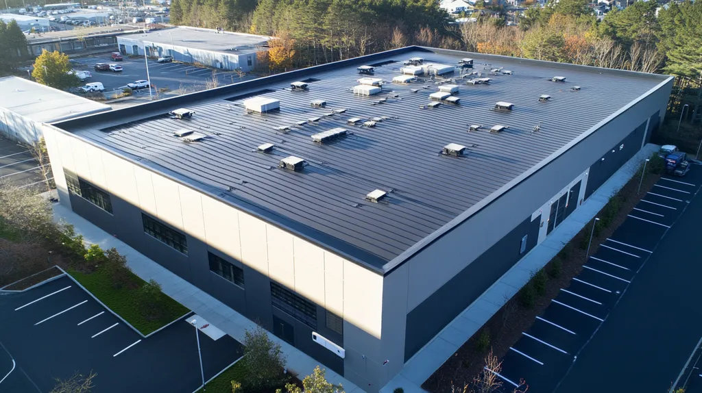 A commercial roof on a data center in a location similar to Portland, Maine with a color highlight aesthetic (AI image)