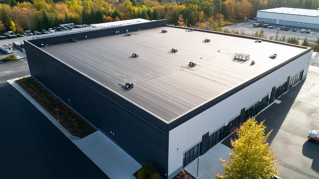 A commercial roof on a data center in a location similar to Portland, Maine with a color highlight aesthetic (AI image)