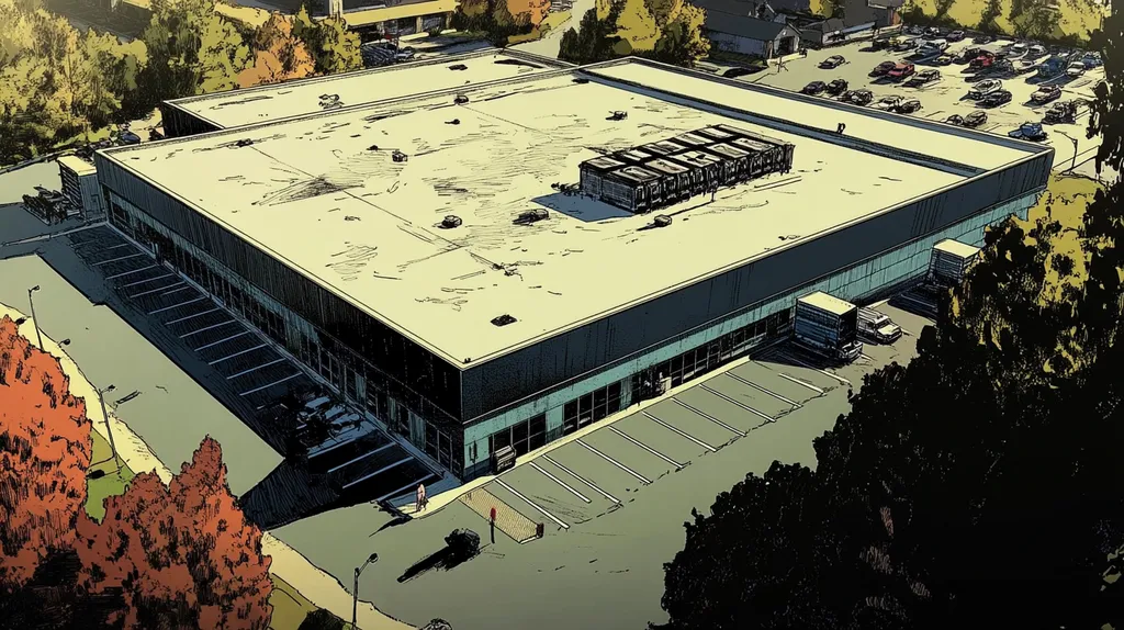 A commercial roof on a data center in a location similar to Portland, Maine with a comic book style aesthetic (AI image)
