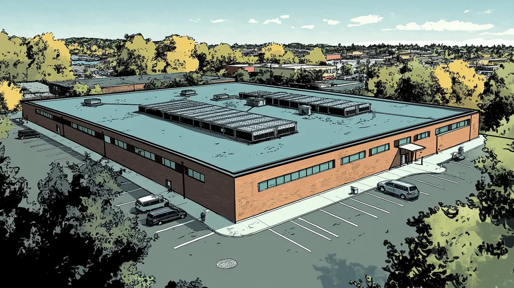 A commercial roof on a data center in a location similar to Portland, Maine with a comic book style aesthetic (AI image)
