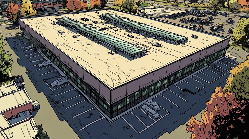 A commercial roof on a data center in a location similar to Portland, Maine with a comic book style aesthetic (AI image)