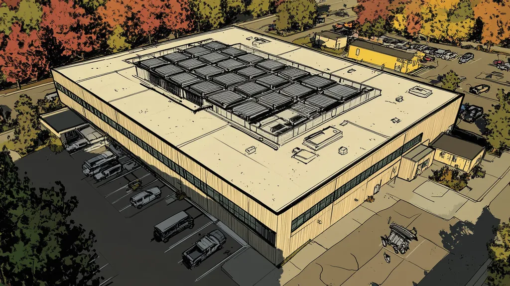 A commercial roof on a data center in a location similar to Portland, Maine with a comic book style aesthetic (AI image)