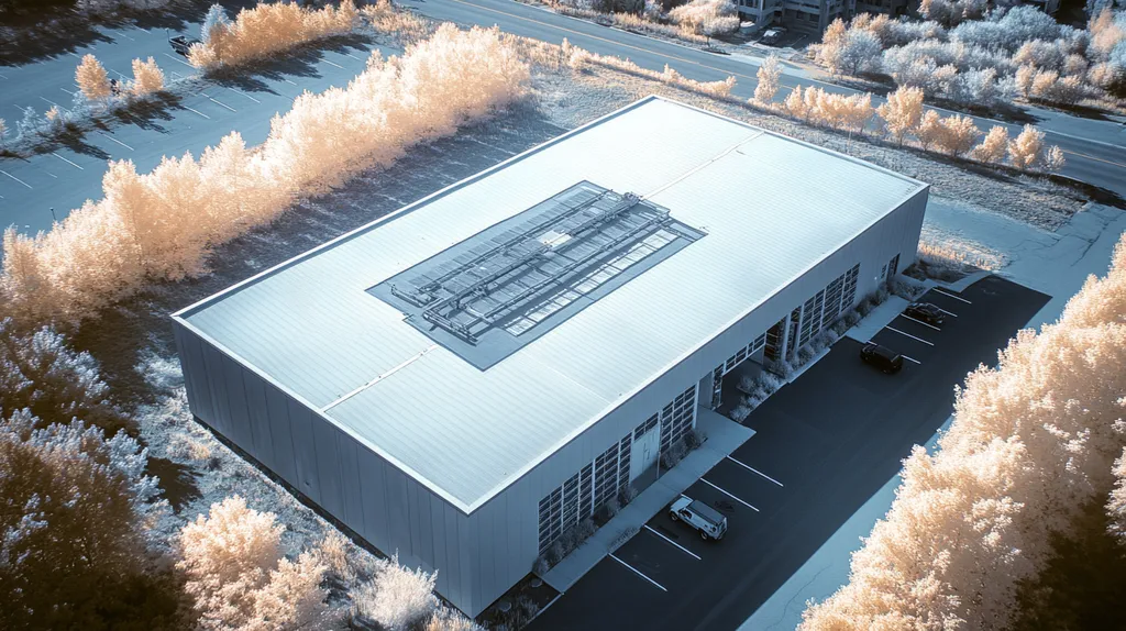 A commercial roof on a data center in a location similar to Portland, Maine with an infrared photography aesthetic (AI image)