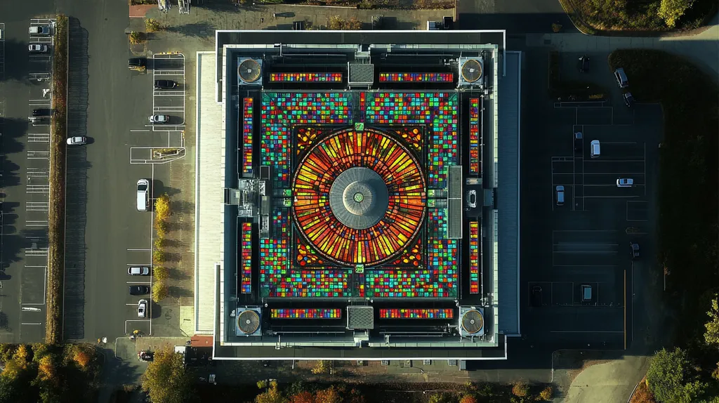 A commercial roof on a data center in a location similar to Portland, Maine with a stained glass style aesthetic (AI image)
