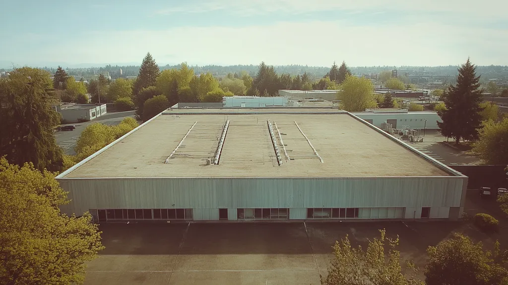 A commercial roof on a data center in a location similar to Portland with a Polaroid aesthetic (AI image)