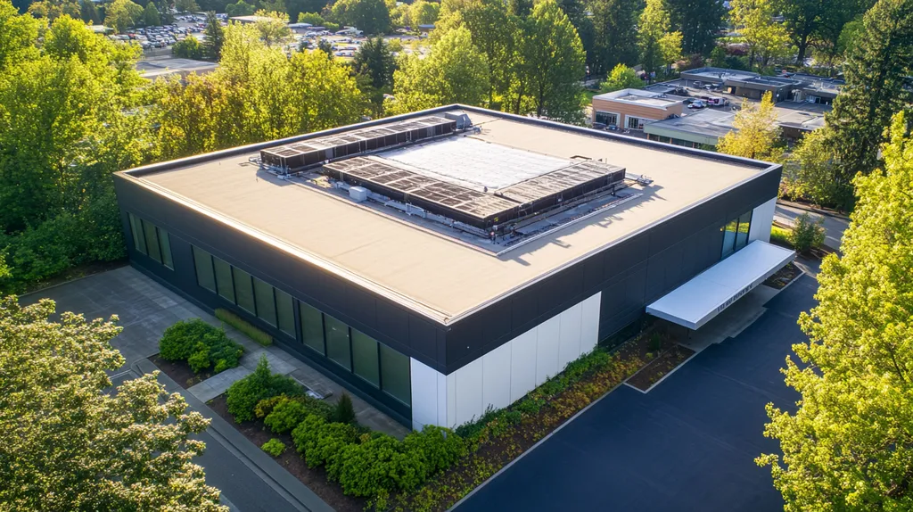A commercial roof on a data center in a location similar to Portland with an architectural photography aesthetic (AI image)