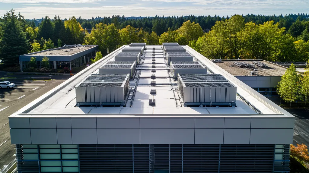 A commercial roof on a data center in a location similar to Portland with an architectural photography aesthetic (AI image)