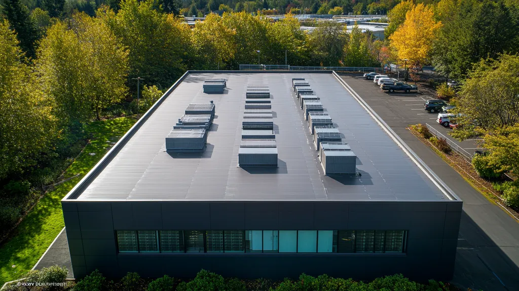 A commercial roof on a data center in a location similar to Portland with an architectural photography aesthetic (AI image)