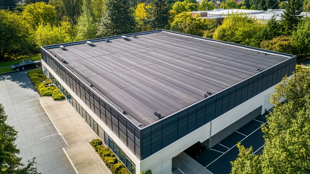 A commercial roof on a data center in a location similar to Portland with an architectural photography aesthetic (AI image)