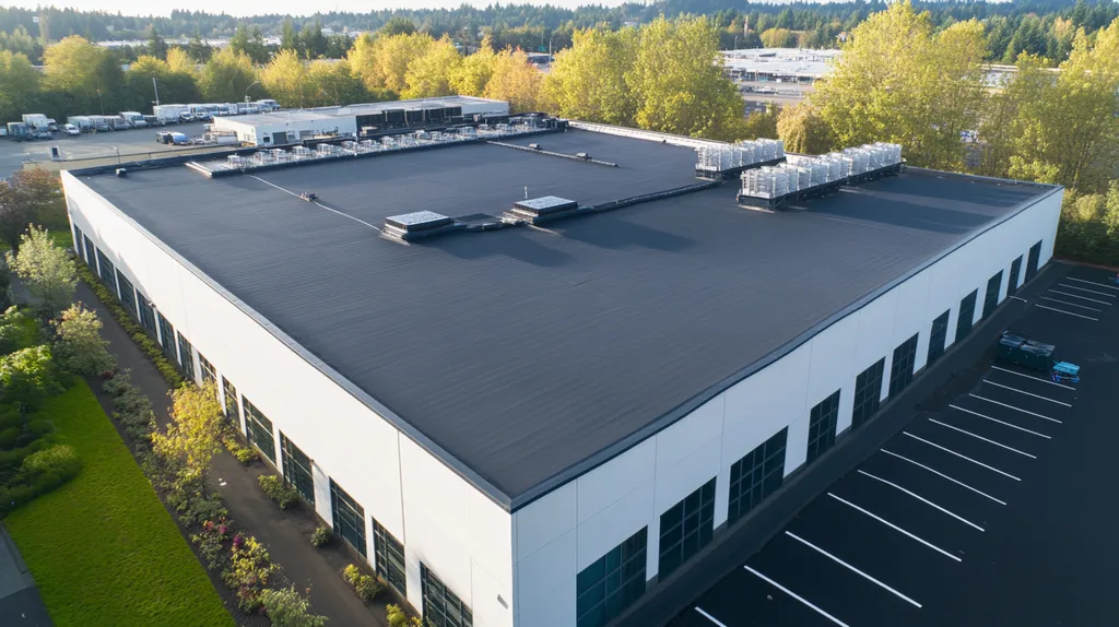 A commercial roof on a data center in a location similar to Portland with a color highlight aesthetic (AI image)