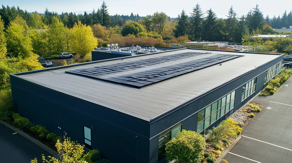 A commercial roof on a data center in a location similar to Portland with a color highlight aesthetic (AI image)
