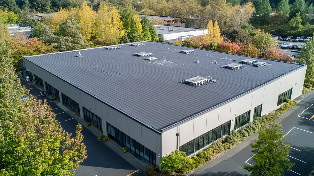 A commercial roof on a data center in a location similar to Portland with a color highlight aesthetic (AI image)