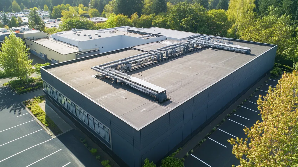 A commercial roof on a data center in a location similar to Portland with a color highlight aesthetic (AI image)