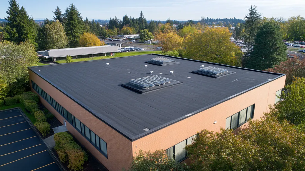 A commercial roof on a data center in a location similar to Portland with a color highlight aesthetic (AI image)