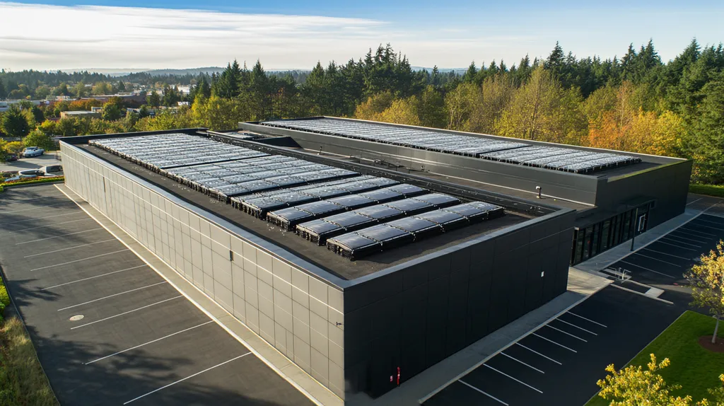 A commercial roof on a data center in a location similar to Portland with a color highlight aesthetic (AI image)