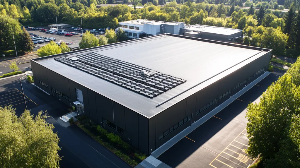 A commercial roof on a data center in a location similar to Portland with a color highlight aesthetic (AI image)