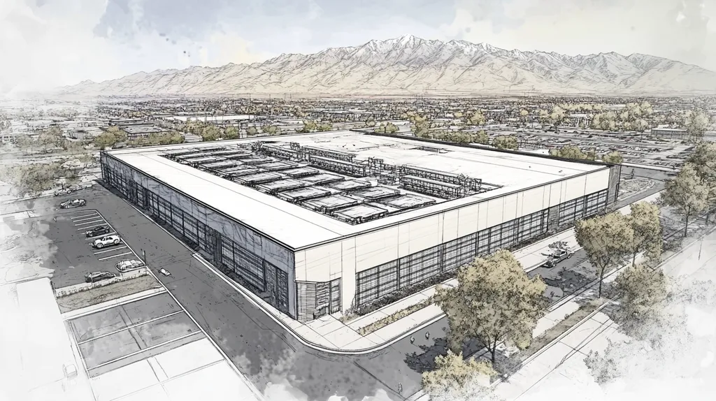 A commercial roof on a data center in a location similar to Salt Lake City with a charcoal sketch aesthetic (AI image)