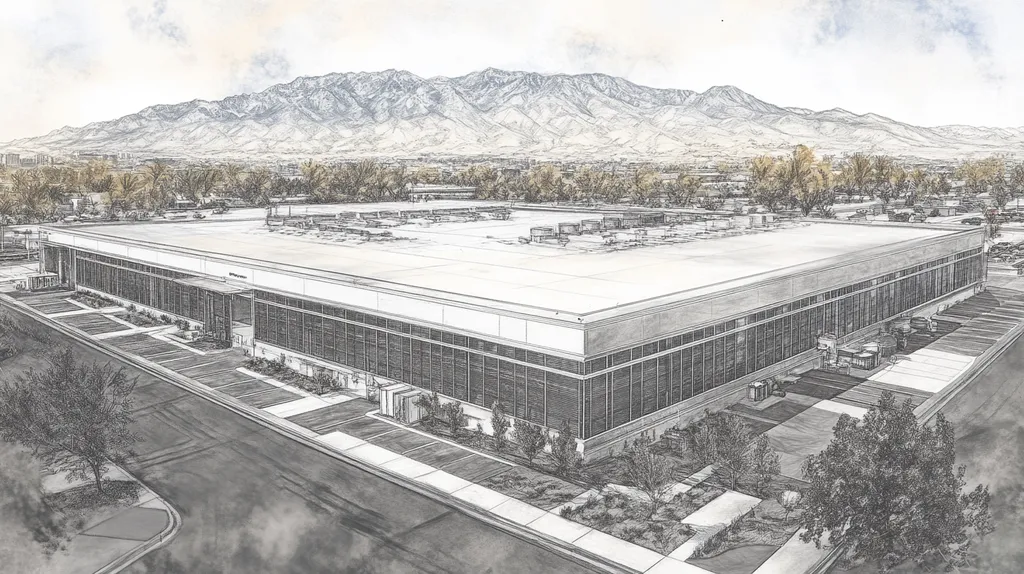 A commercial roof on a data center in a location similar to Salt Lake City with a charcoal sketch aesthetic (AI image)