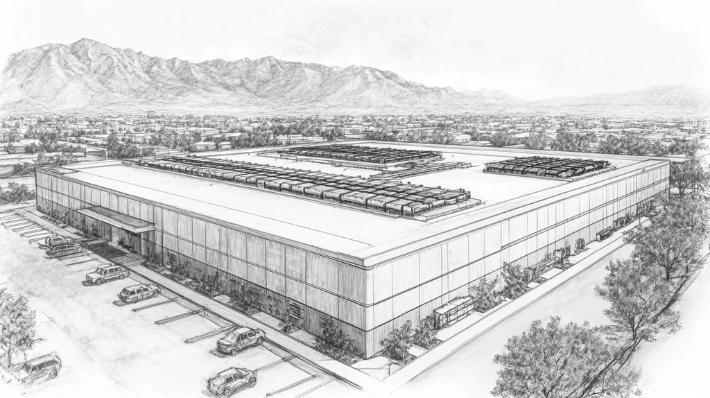 A commercial roof on a data center in a location similar to Salt Lake City with a charcoal sketch aesthetic (AI image)