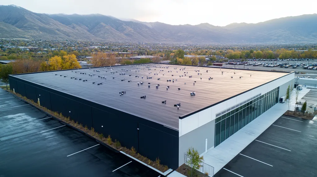 A commercial roof on a data center in a location similar to Salt Lake City with a rainy day aesthetic (AI image)