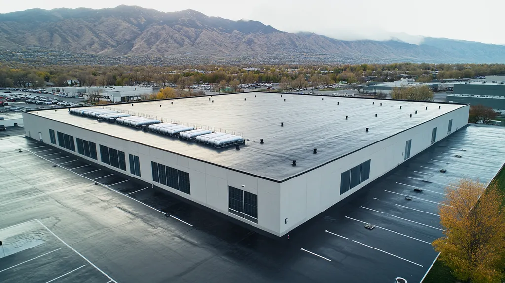 A commercial roof on a data center in a location similar to Salt Lake City with a rainy day aesthetic (AI image)