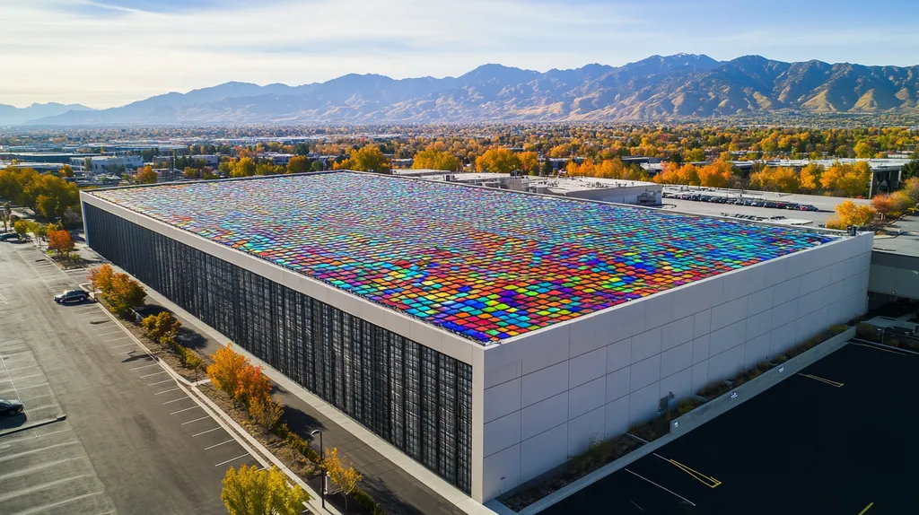A commercial roof on a data center in a location similar to Salt Lake City with a stained glass style aesthetic (AI image)