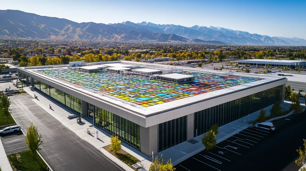 A commercial roof on a data center in a location similar to Salt Lake City with a stained glass style aesthetic (AI image)