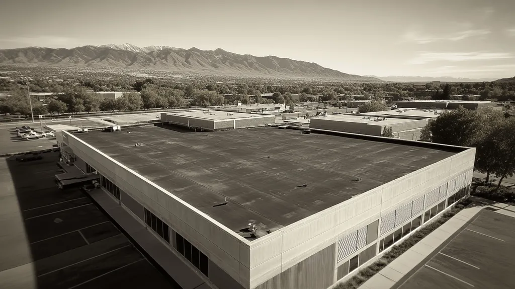 A commercial roof on a data center in a location similar to Salt Lake City with a tintype aesthetic (AI image)