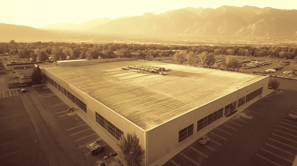 A commercial roof on a data center in a location similar to Salt Lake City with a tintype aesthetic (AI image)