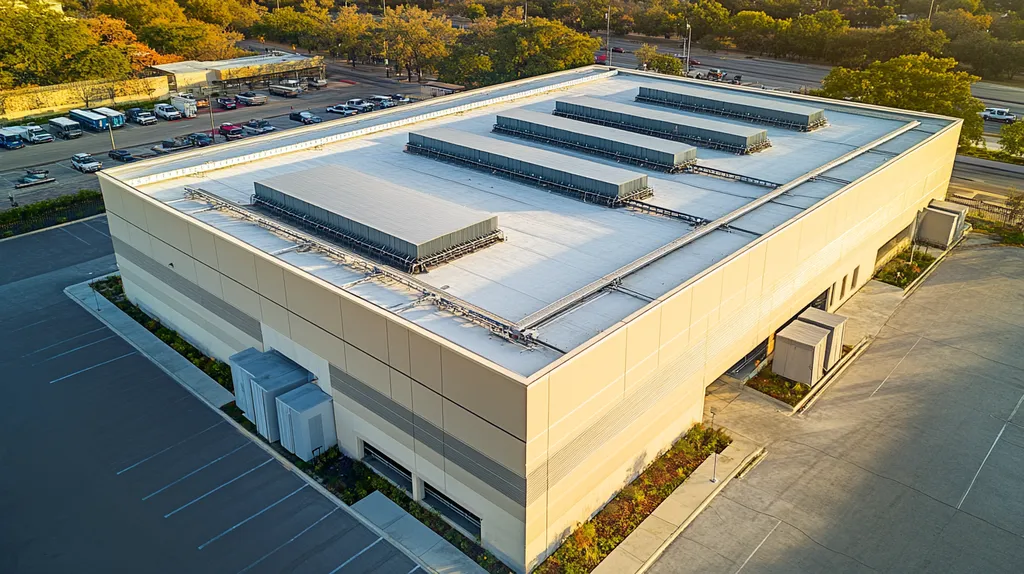 A commercial roof on a data center in a location similar to San Antonio with an architectural photography aesthetic (AI image)