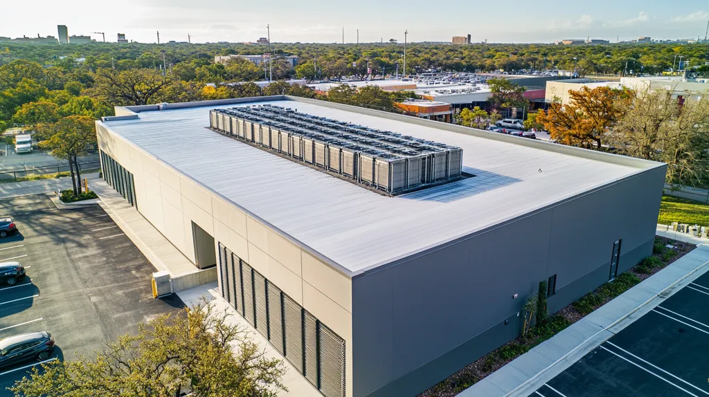 A commercial roof on a data center in a location similar to San Antonio with an architectural photography aesthetic (AI image)