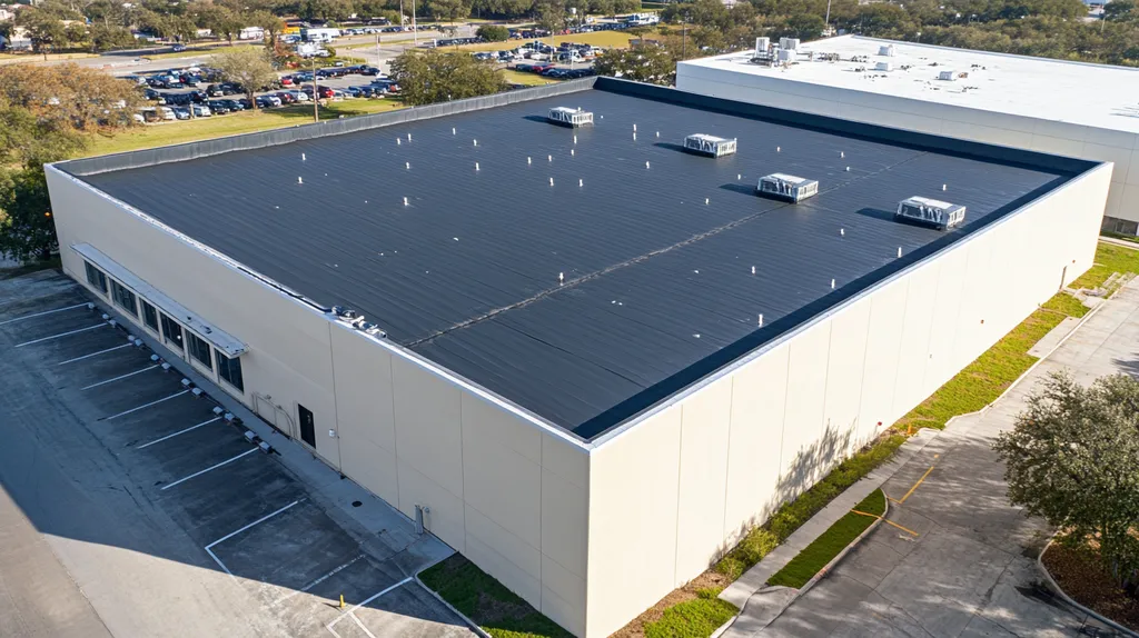 A commercial roof on a data center in a location similar to San Antonio with an architectural photography aesthetic (AI image)