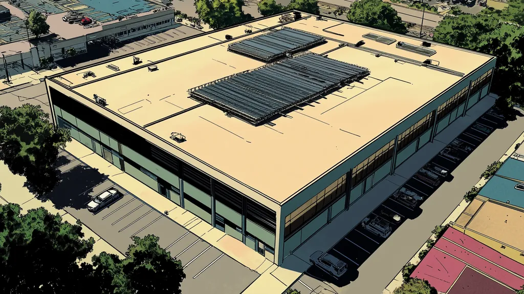 A commercial roof on a data center in a location similar to San Antonio with a comic book style aesthetic (AI image)