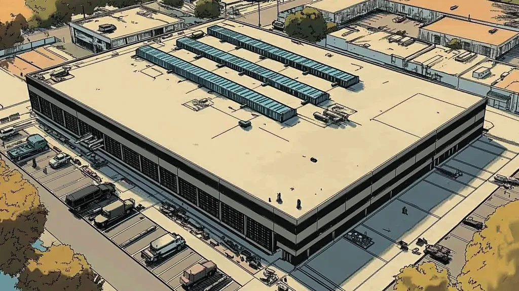 A commercial roof on a data center in a location similar to San Antonio with a comic book style aesthetic (AI image)