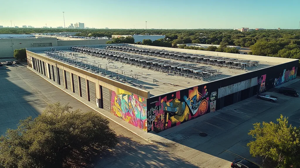 A commercial roof on a data center in a location similar to San Antonio with a graffiti mural aesthetic (AI image)