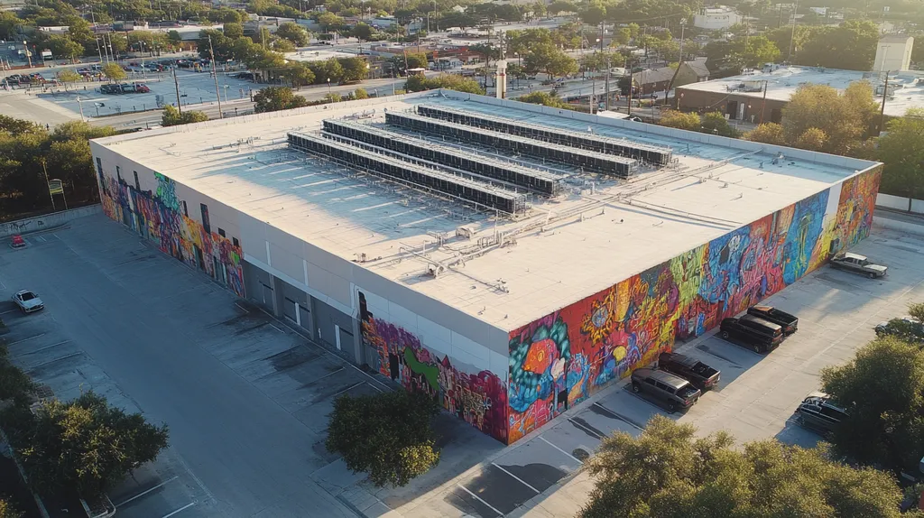 A commercial roof on a data center in a location similar to San Antonio with a graffiti mural aesthetic (AI image)