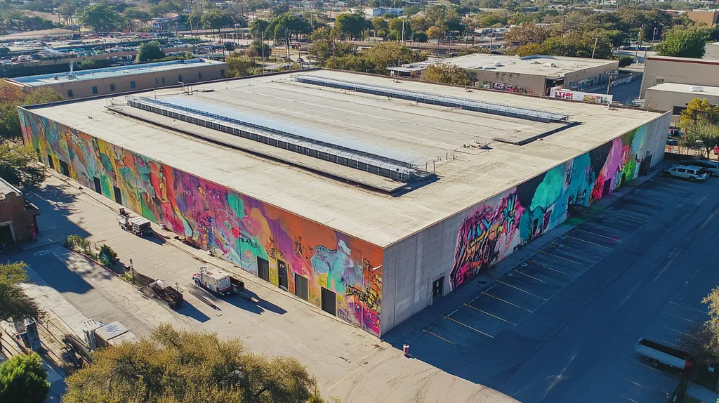 A commercial roof on a data center in a location similar to San Antonio with a graffiti mural aesthetic (AI image)