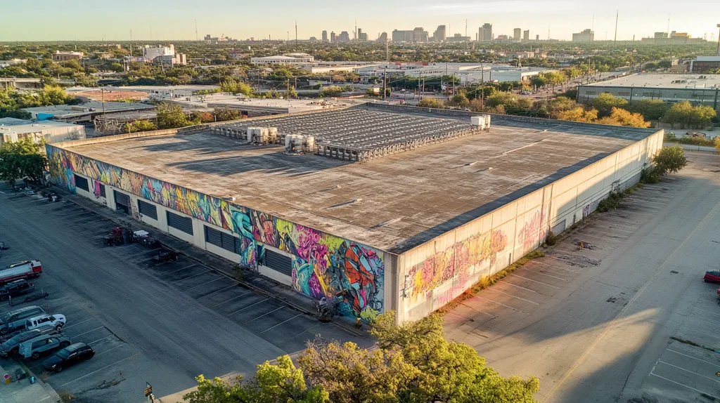A commercial roof on a data center in a location similar to San Antonio with a graffiti mural aesthetic (AI image)