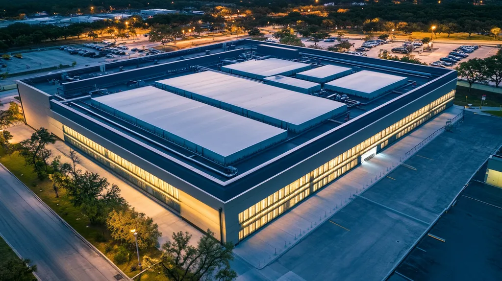 A commercial roof on a data center in a location similar to San Antonio with an illuminated nightscape aesthetic (AI image)