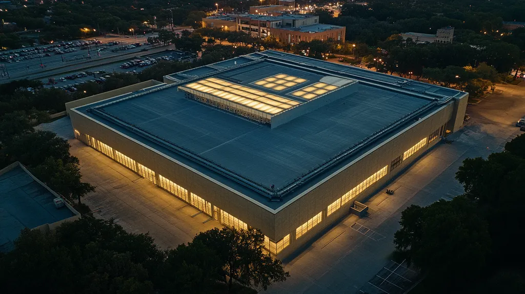 A commercial roof on a data center in a location similar to San Antonio with an illuminated nightscape aesthetic (AI image)