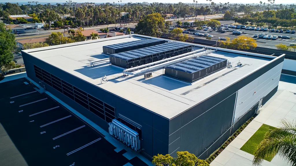 A commercial roof on a data center in a location similar to San Diego with an architectural photography aesthetic (AI image)
