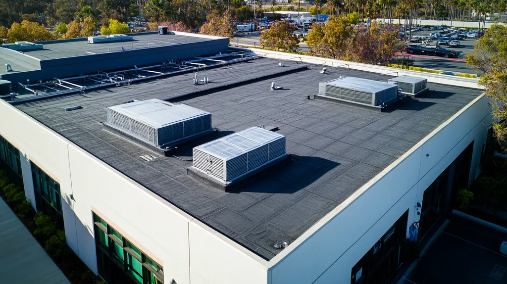 A commercial roof on a data center in a location similar to San Diego with an architectural photography aesthetic (AI image)